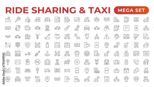 Set of car-sharing Icons. Simple line art style icons pack. Vector illustration.Car and rent simple minimal thin icons. Related car rent, repair, transport, and travel. Editable stroke. illustration.