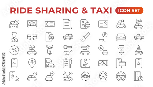 Set of car-sharing Icons. Simple line art style icons pack. Vector illustration.Car and rent simple minimal thin icons. Related car rent, repair, transport, and travel. Editable stroke. illustration.