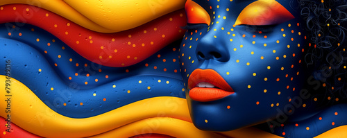 A woman's face is painted with bright colors and dots