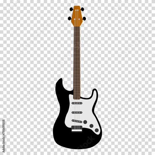 Black and white contrast guitar with fittings, stratocaster with rounded edges, flat design, simple image, cartoon style. Music group concept. Vector line icon for business and advertising