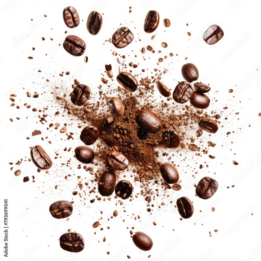 _topview_coffee_bean_explosion_white_background-- _topview_coffee_bean_explosion_white_background--