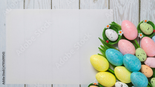 Creative easter flatlay with white paper blank	 #793699543