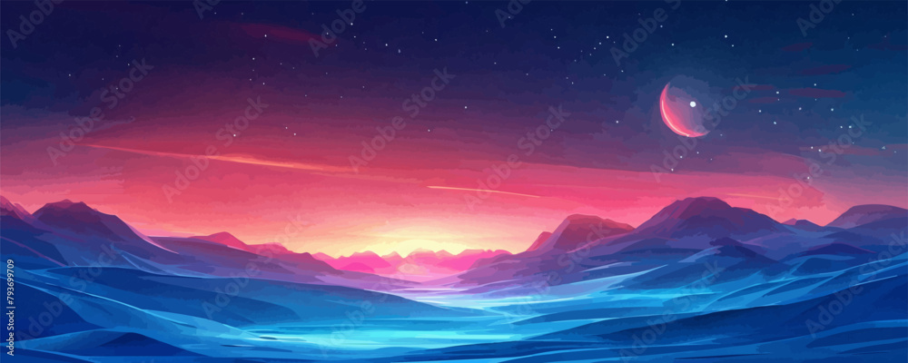 A beautiful, serene landscape with a large, glowing red moon in the sky