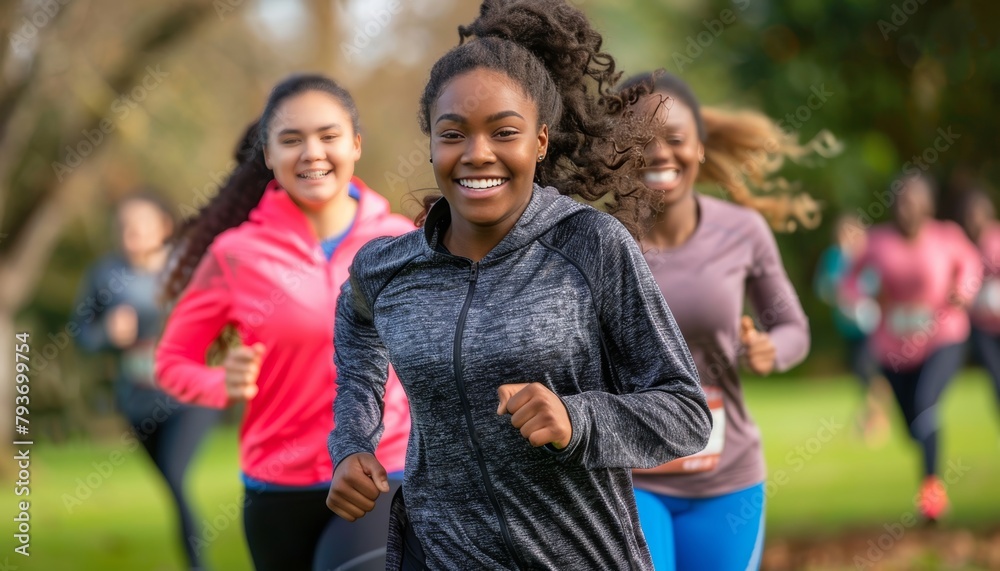 Happy friends in athletic outfits happily jogging at sunrise in a scenic park setting Happy friends in athletic outfits happily jogging at sunrise in a scenic park setting