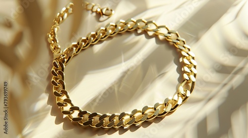 A luxurious golden cuban chain link necklace rests upon a background capturing the essence of wealth, style and elegance. Great as product design inspiration