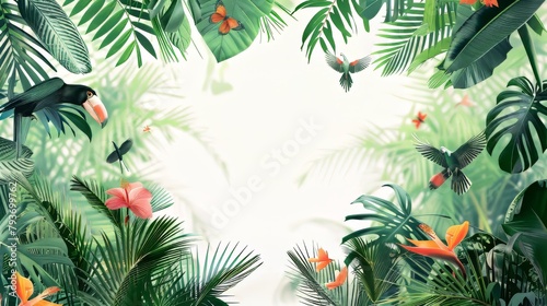 A tropical jungle scene with birds and butterflies flying through the trees. The image is full of vibrant colors and lush greenery  creating a sense of peace and tranquility