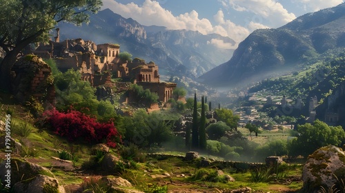 Picturesque Mediterranean Village Nestled in Majestic Mountain Landscape