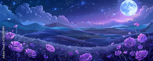 A beautiful purple field with a large moon in the sky