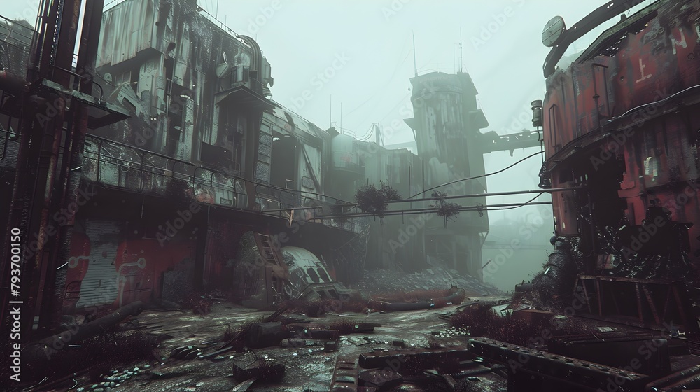 Haunting Dystopian Cityscape Shrouded in Ominous Decay and Atmospheric Gloom