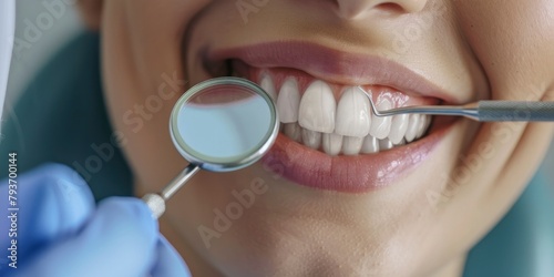 a happy female patient smiling at a dentist holding a mirror and tooth