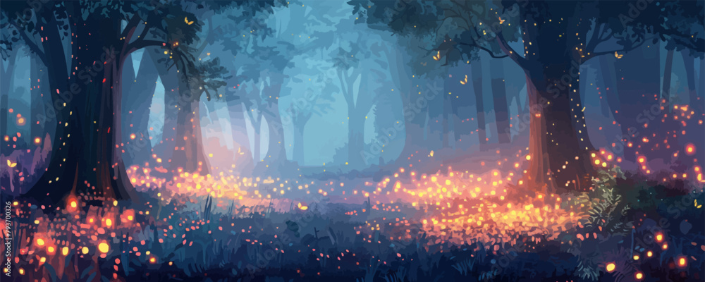 A forest with glowing trees and a path