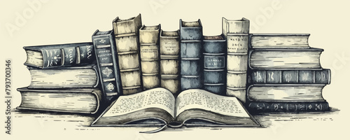 A row of books with one open to the middle