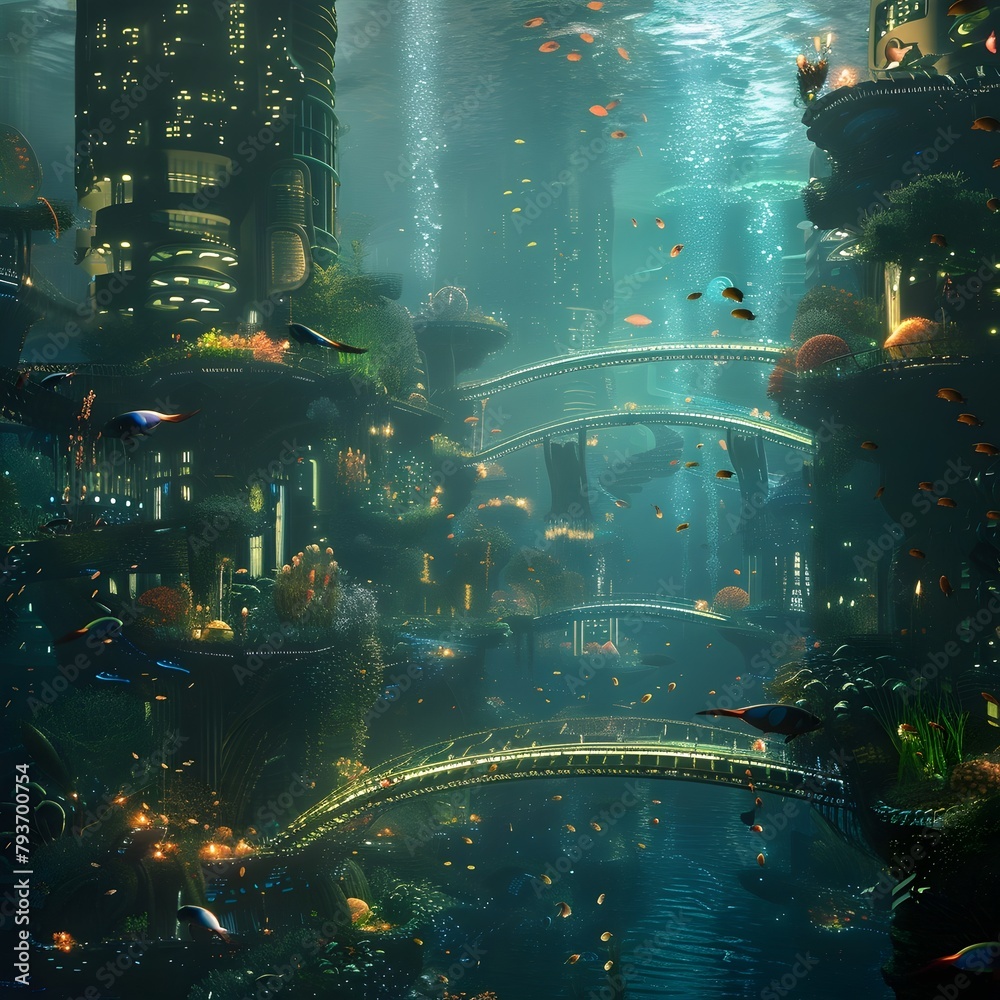 Enchanting Floating City Reflected in Tranquil Underwater Landscape