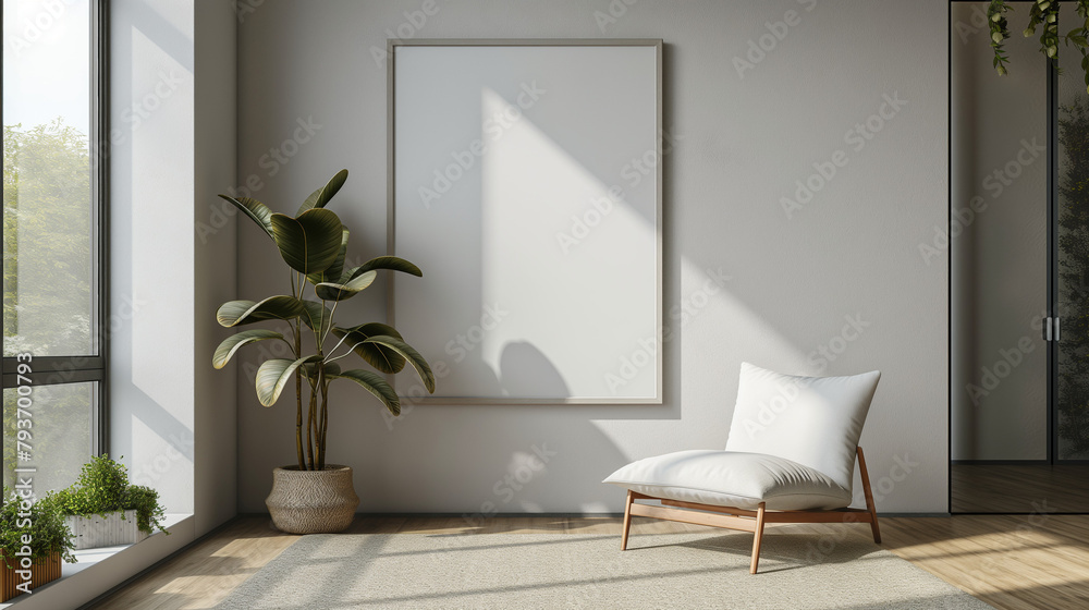 Fototapeta premium Frame and poster mockup, frame on empty wall, interior mockup with house background. Modern soft minimalism and boho interior design. 3D rendering style, luxury apartment