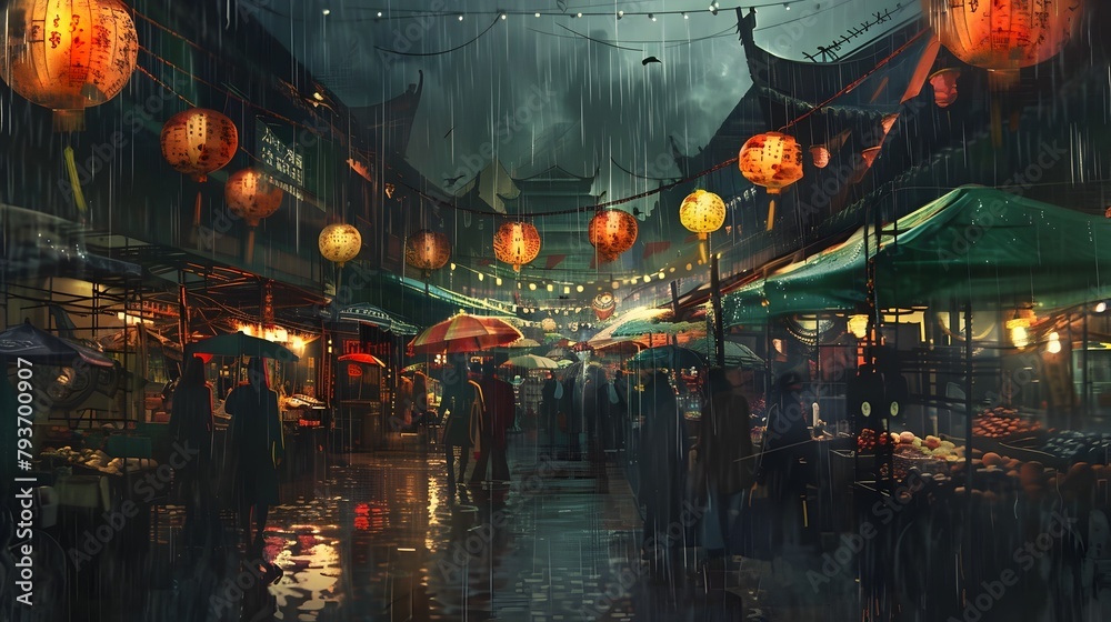 Lively Nighttime Street Market with Colorful Lanterns and Umbrellas Under the Rain