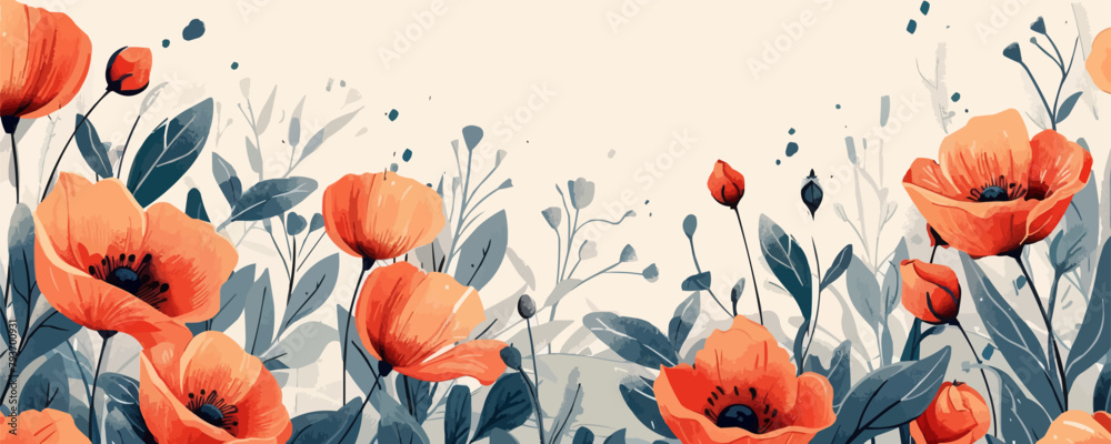 A painting of a field of red flowers with a blue background