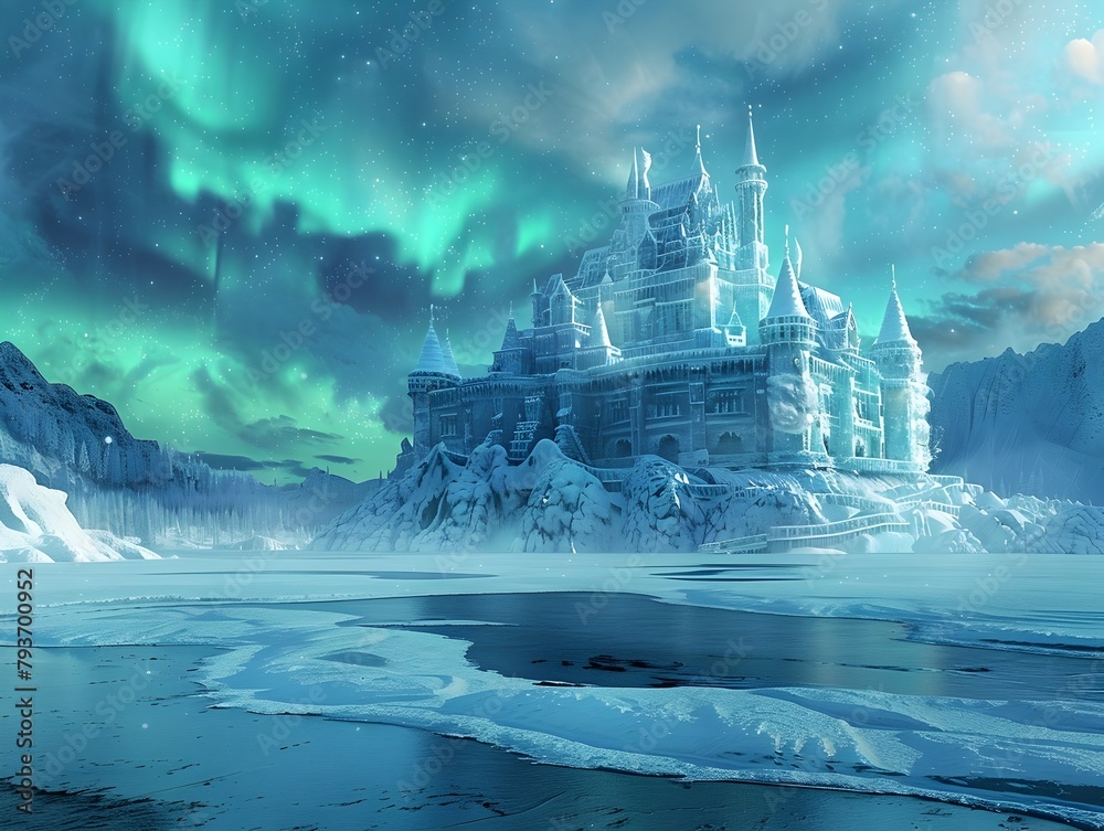 Captivating Ice Castle Bathed in Shimmering Northern Lights over Frozen Lake and Snowy Mountains Captivating Ice Castle Bathed in Shimmering Northern Lights over Frozen Lake and Snowy Mountains