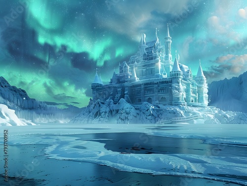Captivating Ice Castle Bathed in Shimmering Northern Lights over Frozen Lake and Snowy Mountains
