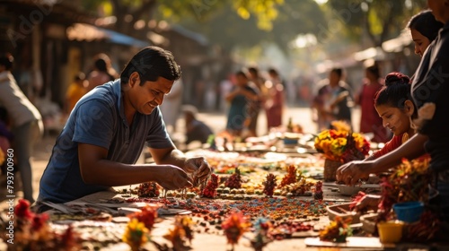 Group of people standing around a table adorned with vibrant flowers