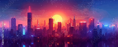 Spectacular nighttime in cyberpunk city . vector simple illustration