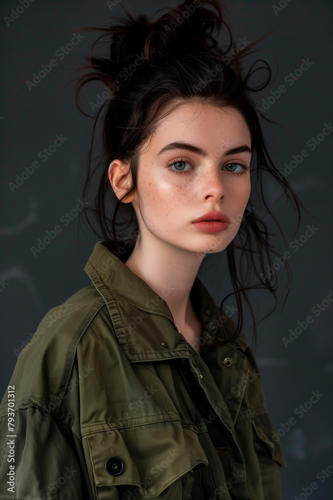 Studio portrait of a young female model wearing trendy fatigues. Dark hair in oose hair bun Studio portrait of a young female model wearing trendy fatigues. Dark hair in oose hair bun