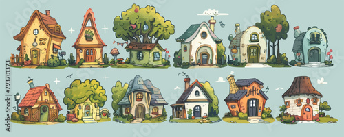 Collection of hand drawn houses, cottages, villas.Houses for eco theme.Doodle style. vector simple illustration