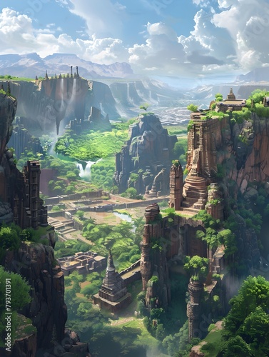 Enchanting Mountainous Landscape with Ancient Ruins and Cascading Waterfalls