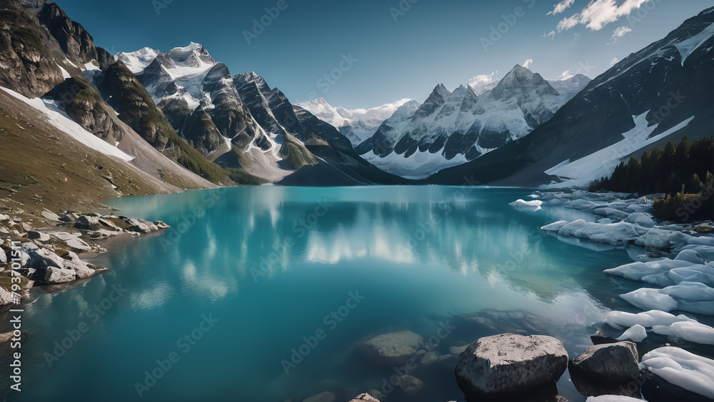 Scenic Torquese blue and green lake with icy snow mountains