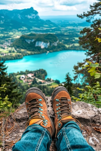 Adventure seeker hiker stands atop cliff, overlooks mountain, lake, and river landscape
