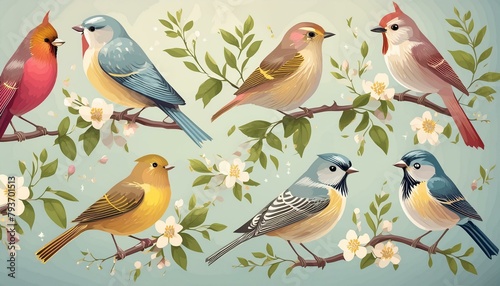 Garden Birds. Set. Vector vintage illustrations.