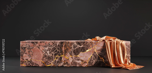 Elegant rose marble pedestal with gold veins and rose gold cloth in a 3D render. photo