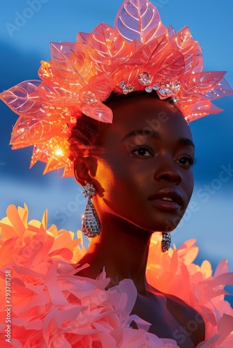 A model dons a glowing feather headdress, her face lit by dusk light, highlighting her elegant features and jewelry