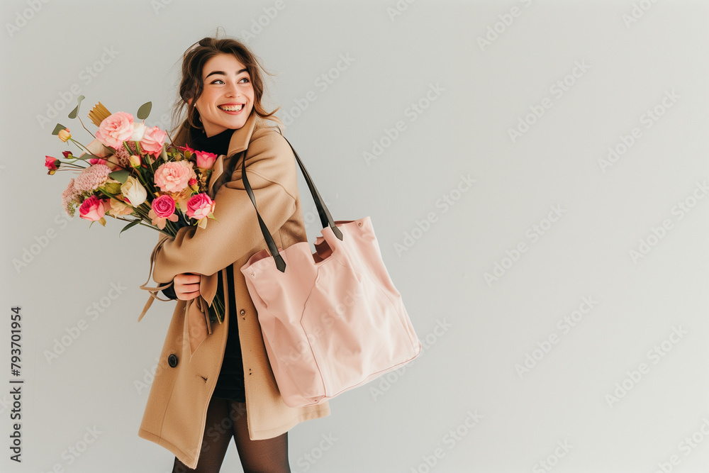 In a stylish fashion photograph, an attractive woman smiles while holding a big pink bag filled with flowers on her shoulder. She wears a beige coat and black tights against a white isolated backgroun In a stylish fashion photograph, an attractive woman smiles while holding a big pink bag filled with flowers on her shoulder. She wears a beige coat and black tights against a white isolated backgroun