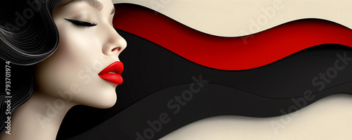 A woman with red lips and black hair is the main focus of the image