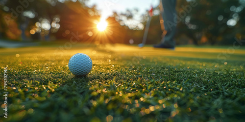 A closeup of the ball on green grass  with a blurred background,  outdoor golf course