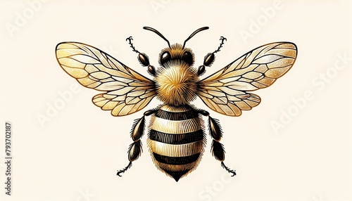 A drawing of a bee with its wings spread out, Honey Bee, spring, world bee day. © peerasak