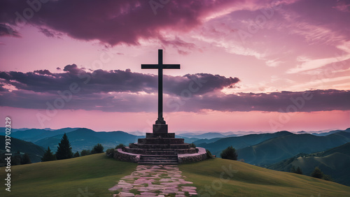 Sacred Christian cross under pink sky sunset  photo