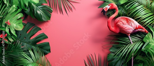 Flamingo and palm tree border, hot pink summer sales banner, eye-catching design with copy space