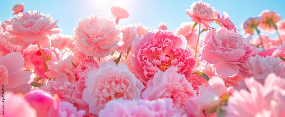 The soft rolling focus on luscious pink peonies under the sun, capturing their delicate and romantic essence
