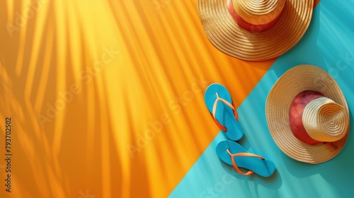 Bright minimalist ad, summer travel gear sale, border of flip-flops and sun hats, photo