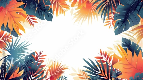 Minimalist summer sale design, stark white background, delicate tropical vine border, bold central copy space, sunset colors