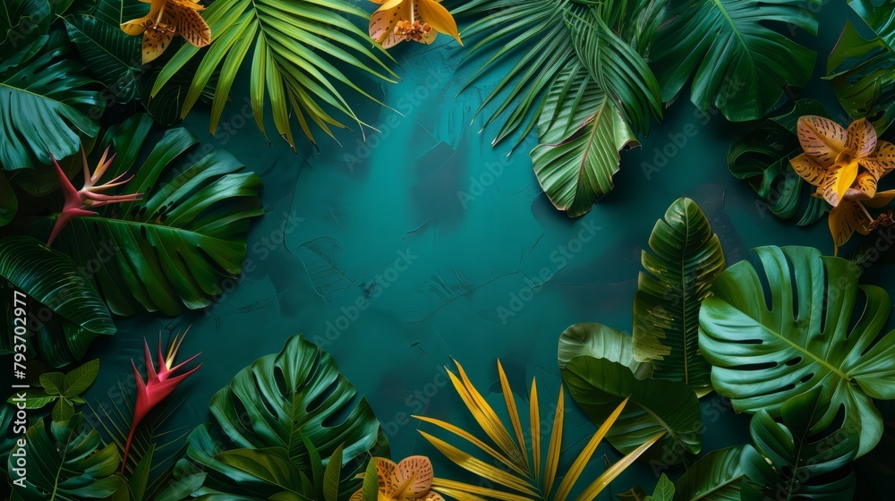 Bright summer sales banner, lush green tropical foliage frame, vibrant color palette, ample copy space for promotions