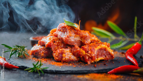 Close-up of raw marinated pork. Spicy marinade. Fresh meat pieces for BBQ. Culinary concept. photo