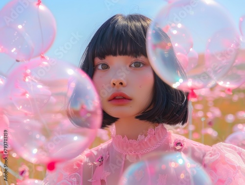 Portrait of a woman with black hair framed by pink balloons and ethereal sunlight in nature