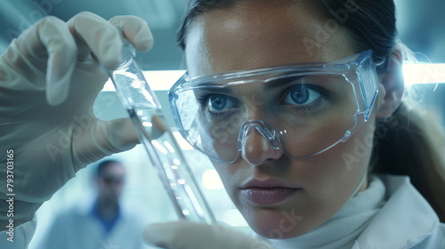 Focused Female Scientist Analyzing Sample in Laboratory