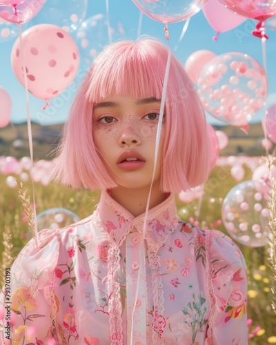 A whimsical portrait of a girl with pink hair and freckles among translucent pink balloons
