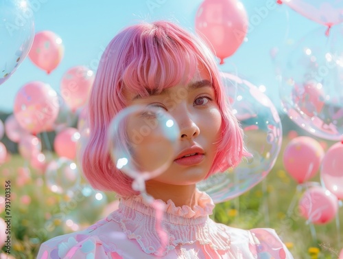 Dreamy scene of a girl with pink bob hairstyle surrounded by floating balloons under sunlight