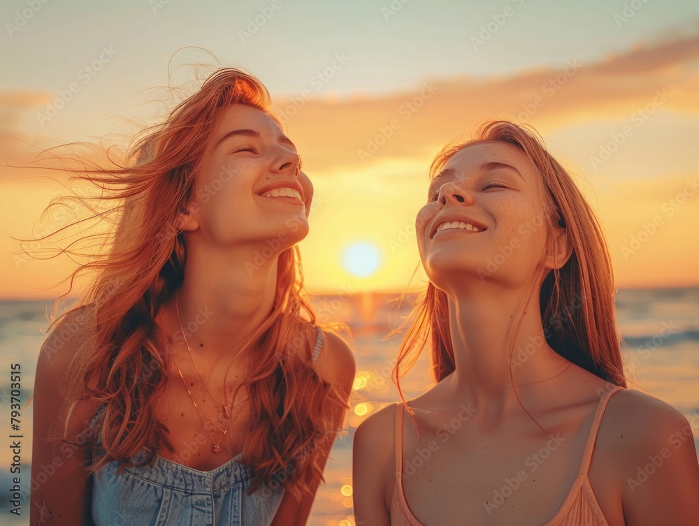 An image capturing the bond between two women as they enjoy a beautiful beach sunset together An image capturing the bond between two women as they enjoy a beautiful beach sunset together
