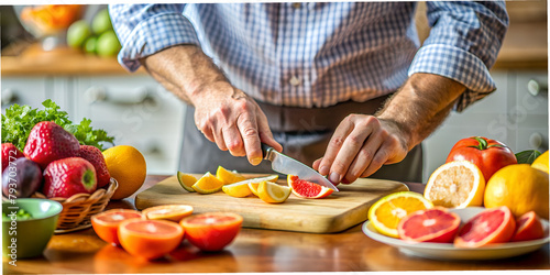 Macro, man cutting fruit, orange, grapefruit, AI generated, cooking, vitamins, berries, fruit, table, kitchen, background, wallpaper,