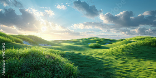 Golf course with sand dunes and green grass on blue sky background for conveying the precision and elegance of the golfing lifestyle